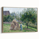 Framed vintage poster art depicting a landscape painting by Camille Pissarro in muted colors, ideal for bedroom wall art.