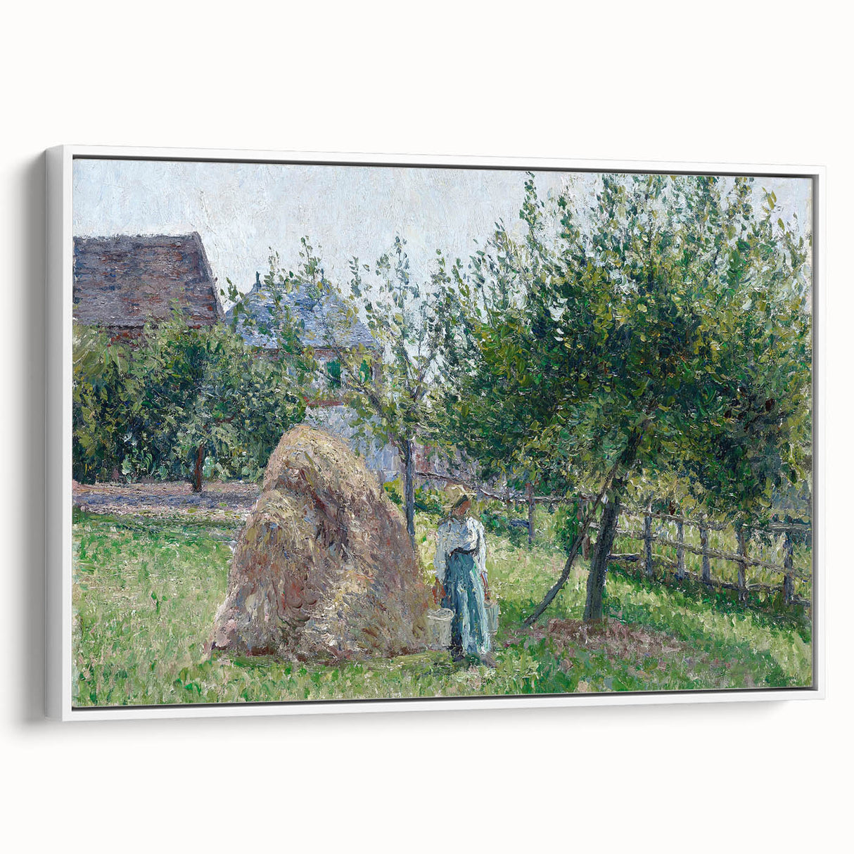 Vintage poster art of a Camille Pissarro design in vibrant colors on a framed canvas, ideal for living room decor.