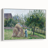 Vintage poster art of a Camille Pissarro design in vibrant colors on a framed canvas, ideal for living room decor.