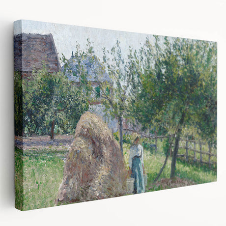 Side view of a Camille Pissarro-inspired stretched canvas featuring a rural landscape in soft green and blue hues.