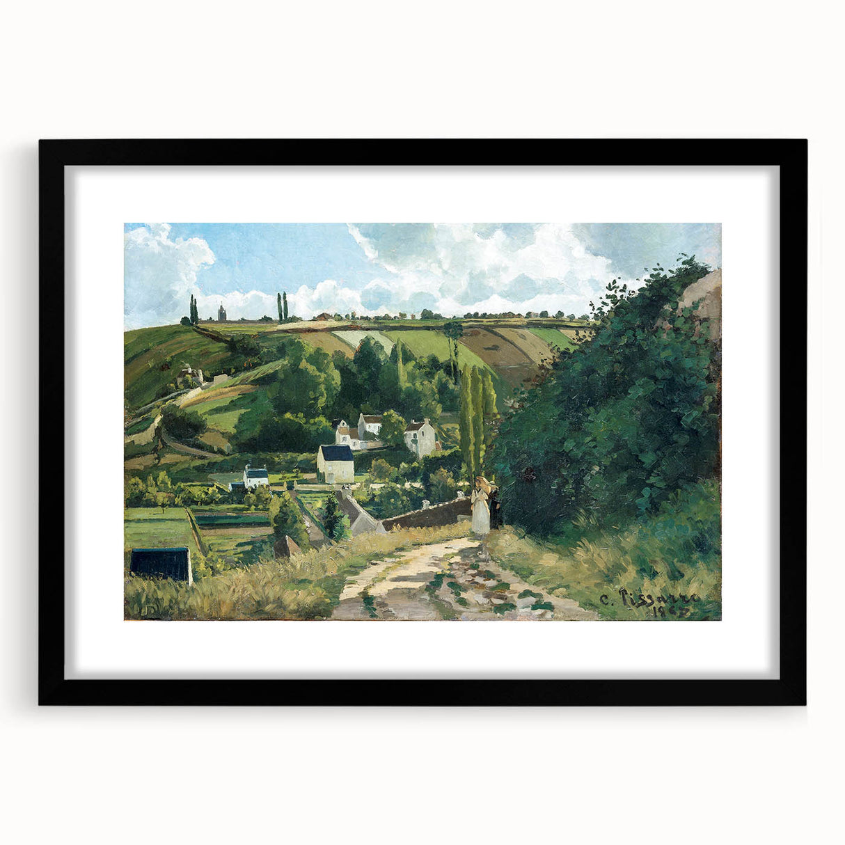 Extra large, colorful abstract art print of a textured scene, framed in black, ideal for living room decor.