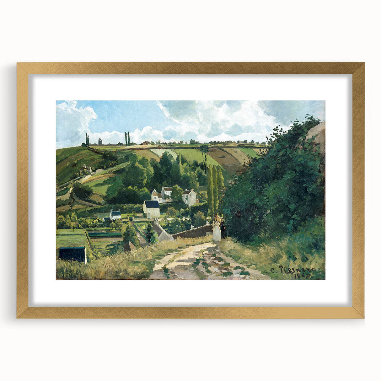 Extra large abstract art print of textured trees in earth tones, framed in gold, ideal for living room decor.
