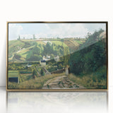 Large art print of Camille Pissarro's painting in a gold frame, featuring mid-century modernist style.