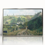 Mid-century modernist art by Camille Pissarro featuring a rural landscape in soft green and yellow tones.