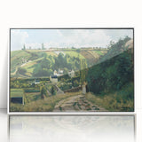 Art deco poster featuring Camille Pissarro's landscape painting in muted green and blue tones, framed in white acrylic.