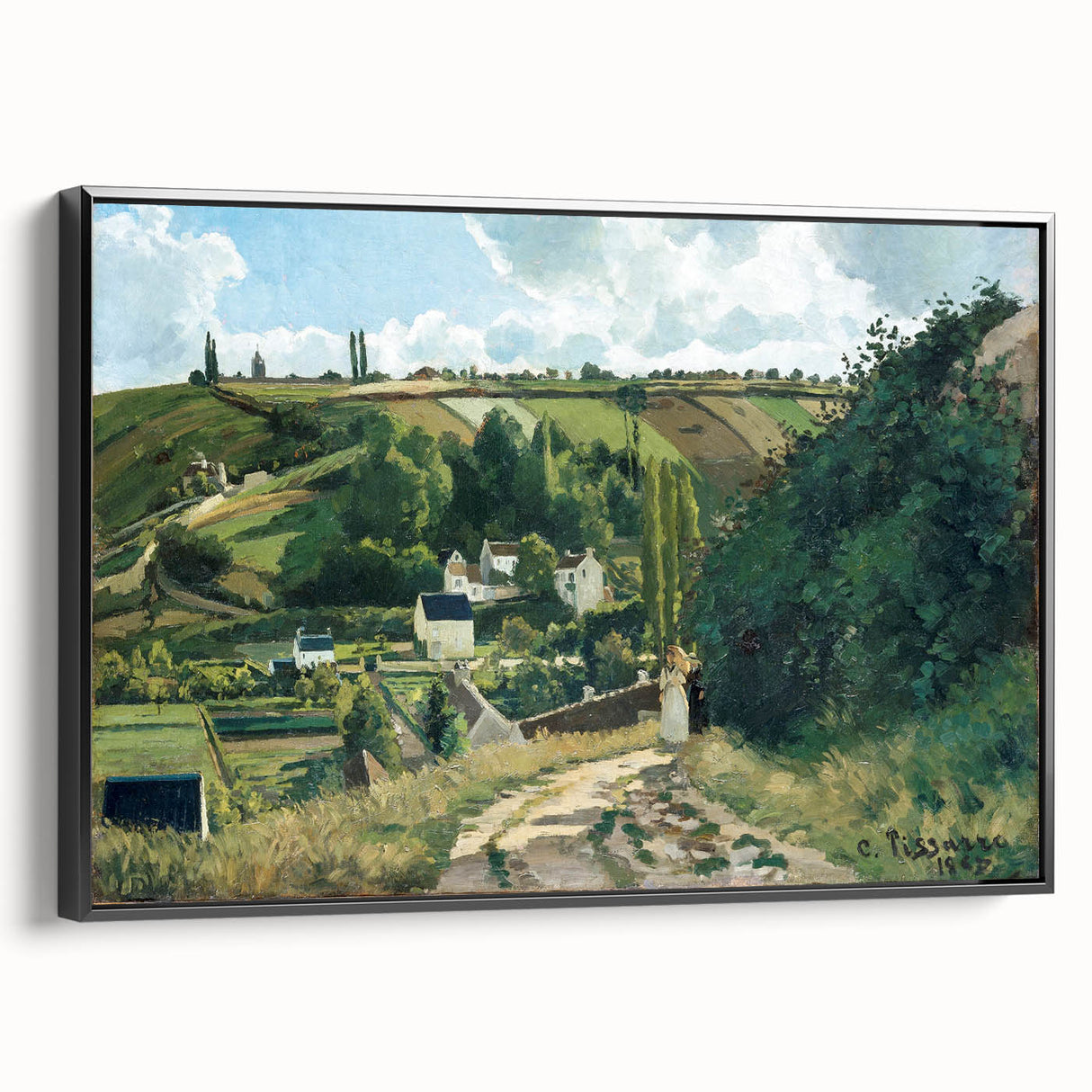 Black and white landscape painting on a framed canvas, featuring a vintage-style depiction of a rural scene.