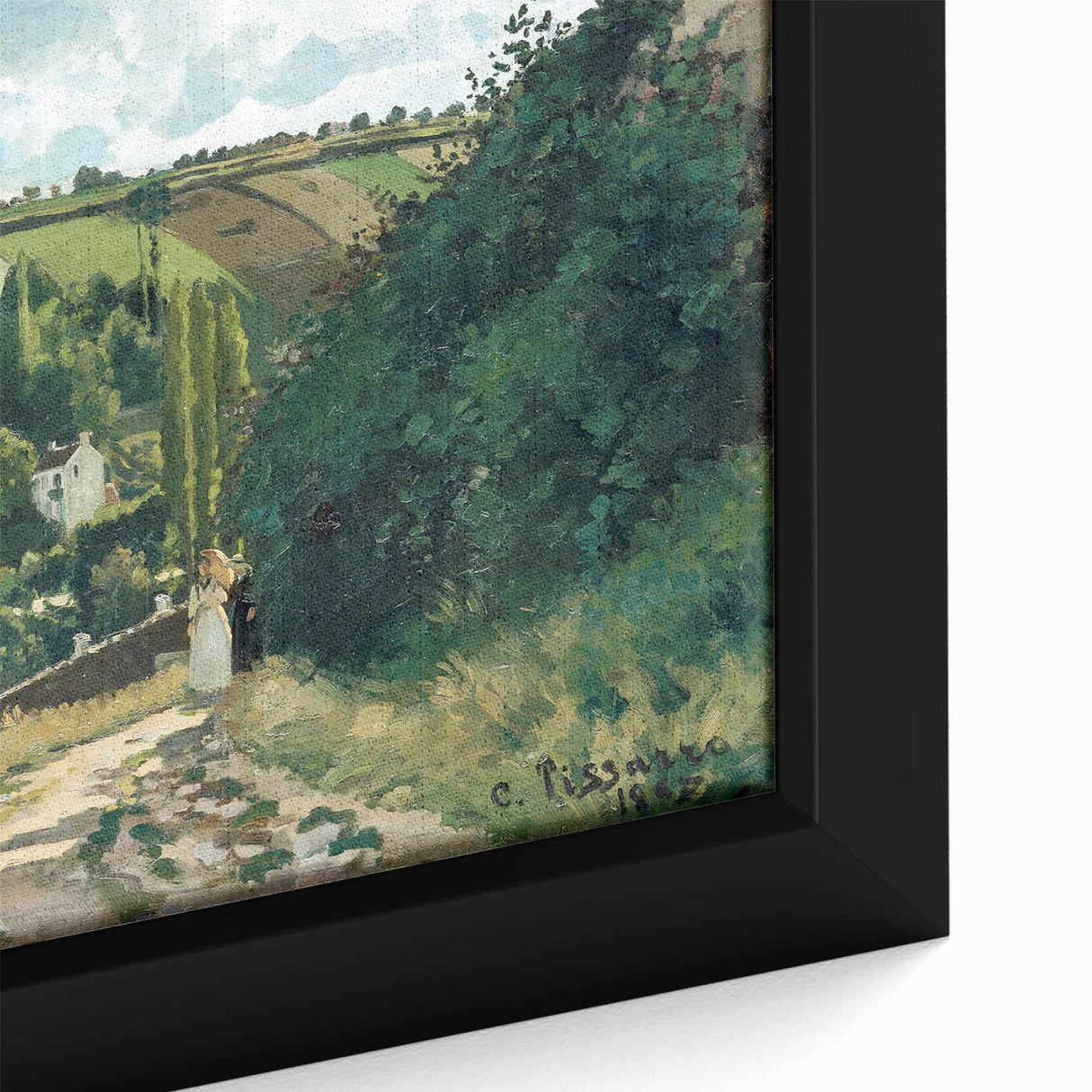 Extra large framed canvas featuring a close-up of a textured, colorful Camille Pissarro painting.