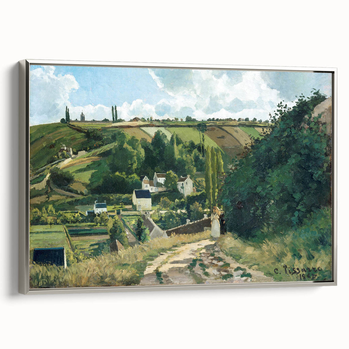 Vintage-style landscape art painting of a rural scene on a framed canvas, featuring muted earth tones.