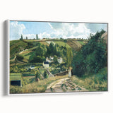 Vintage poster art of a Camille Pissarro painting on framed canvas, featuring colorful art in a white frame.