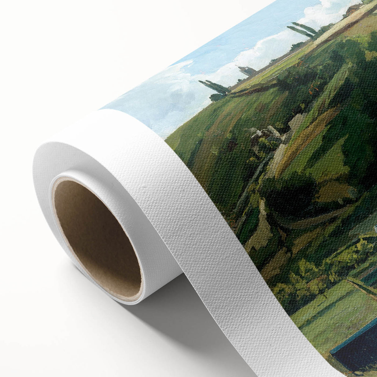 Art deco poster of a serene landscape with soft pastel shades on rolled canvas, ideal for nursery wall art.