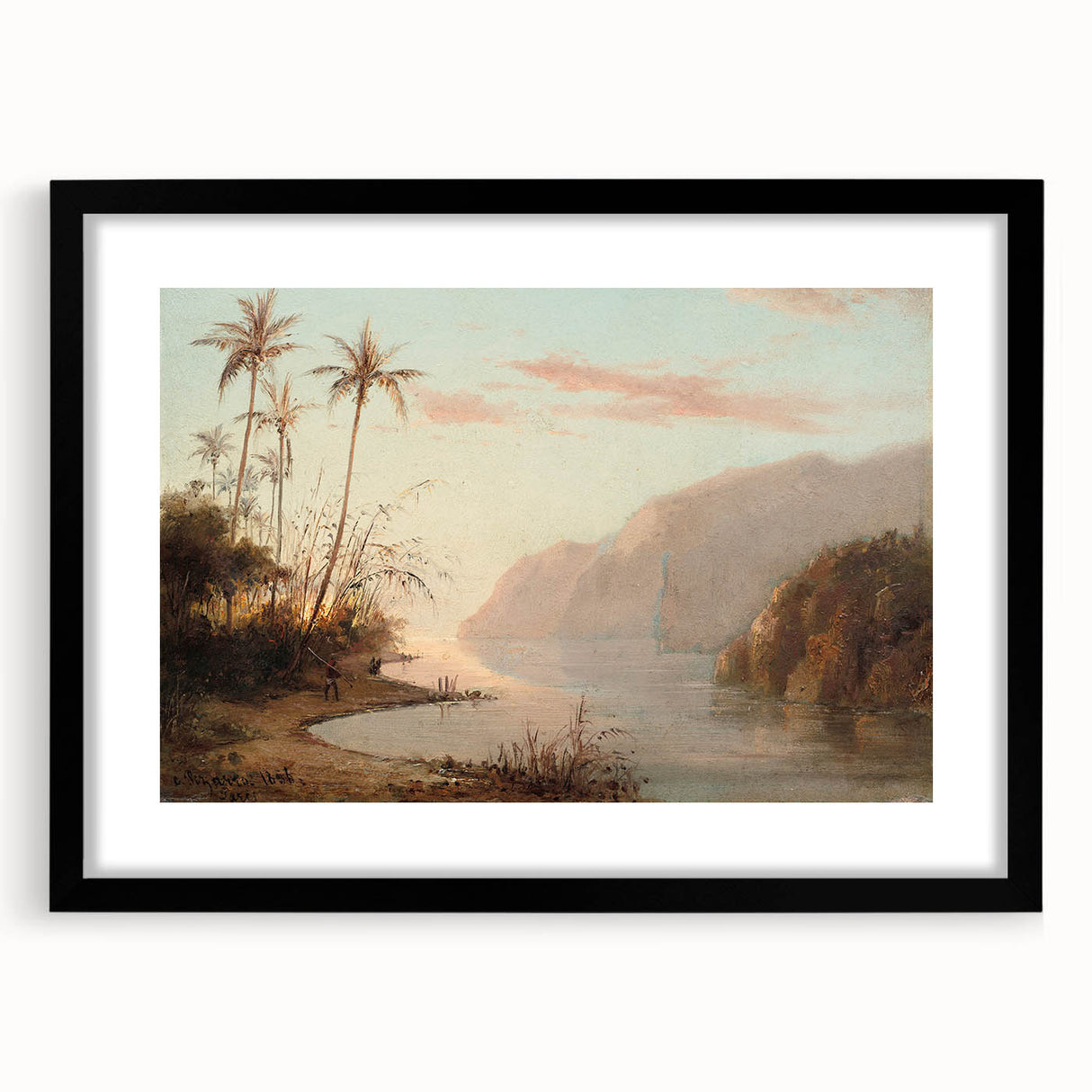 Colorful abstract art print of a textured scene by Camille Pissarro in a black frame, ideal for living room decor.