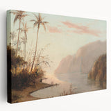 Side view of a Camille Pissarro-inspired stretched canvas featuring a rural landscape in soft earth tones.