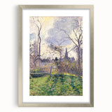 Textured art depicting a rural landscape by Camille Pissarro, in muted earth tones, framed with a silver mat.