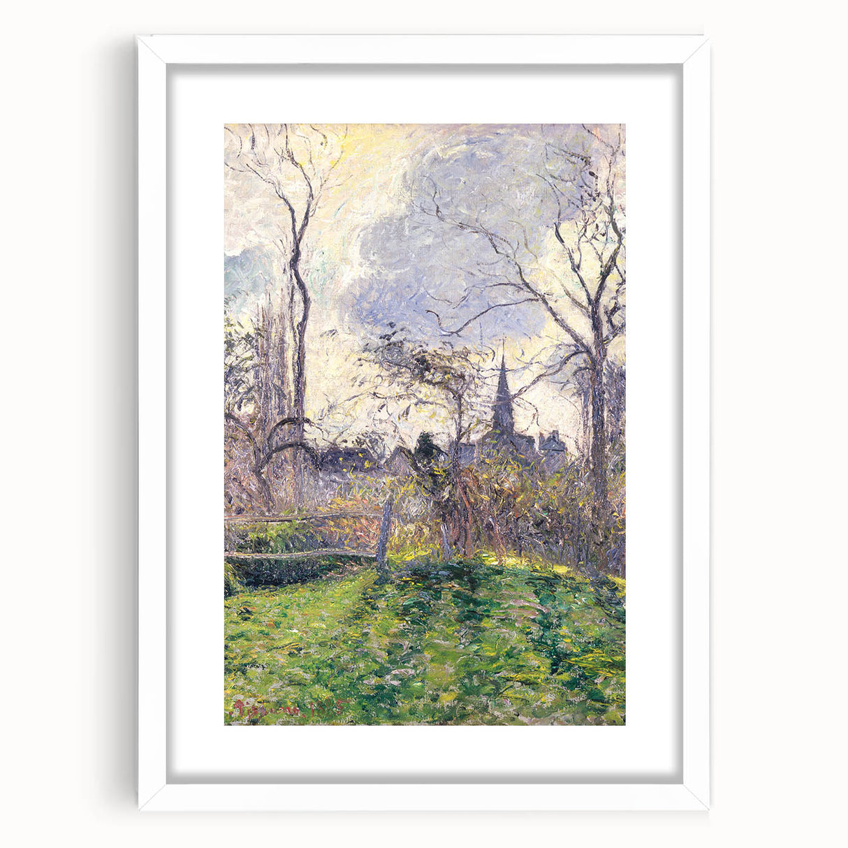 Abstract art print of a Camille Pissarro design in muted earth tones, white framed with mat, ideal for dining room decor.