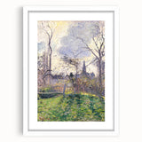 Abstract art print of a Camille Pissarro design in muted earth tones, white framed with mat, ideal for dining room decor.