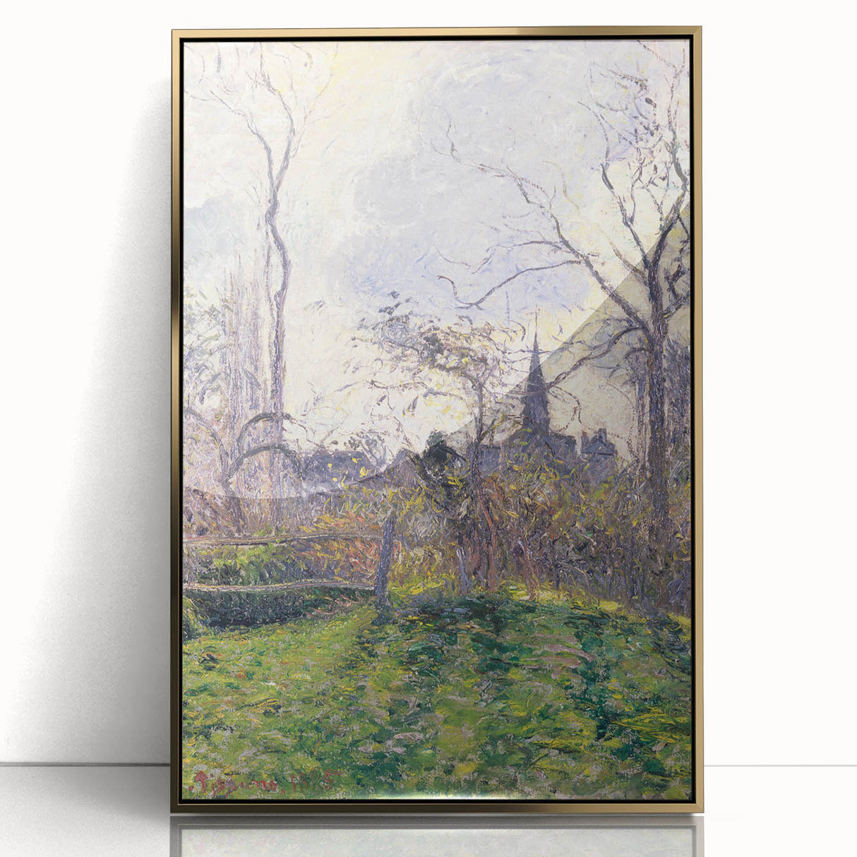 Mid-century modernist art by Camille Pissarro featuring a rural landscape in muted earth tones, framed in gold acrylic.