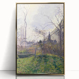 Mid-century modernist art by Camille Pissarro featuring a rural landscape in muted earth tones, framed in gold acrylic.