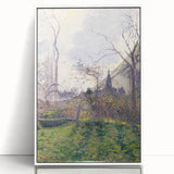 Acrylic print of Camille Pissarro's impressionist painting, featuring soft pastel shades, encased in a white frame.