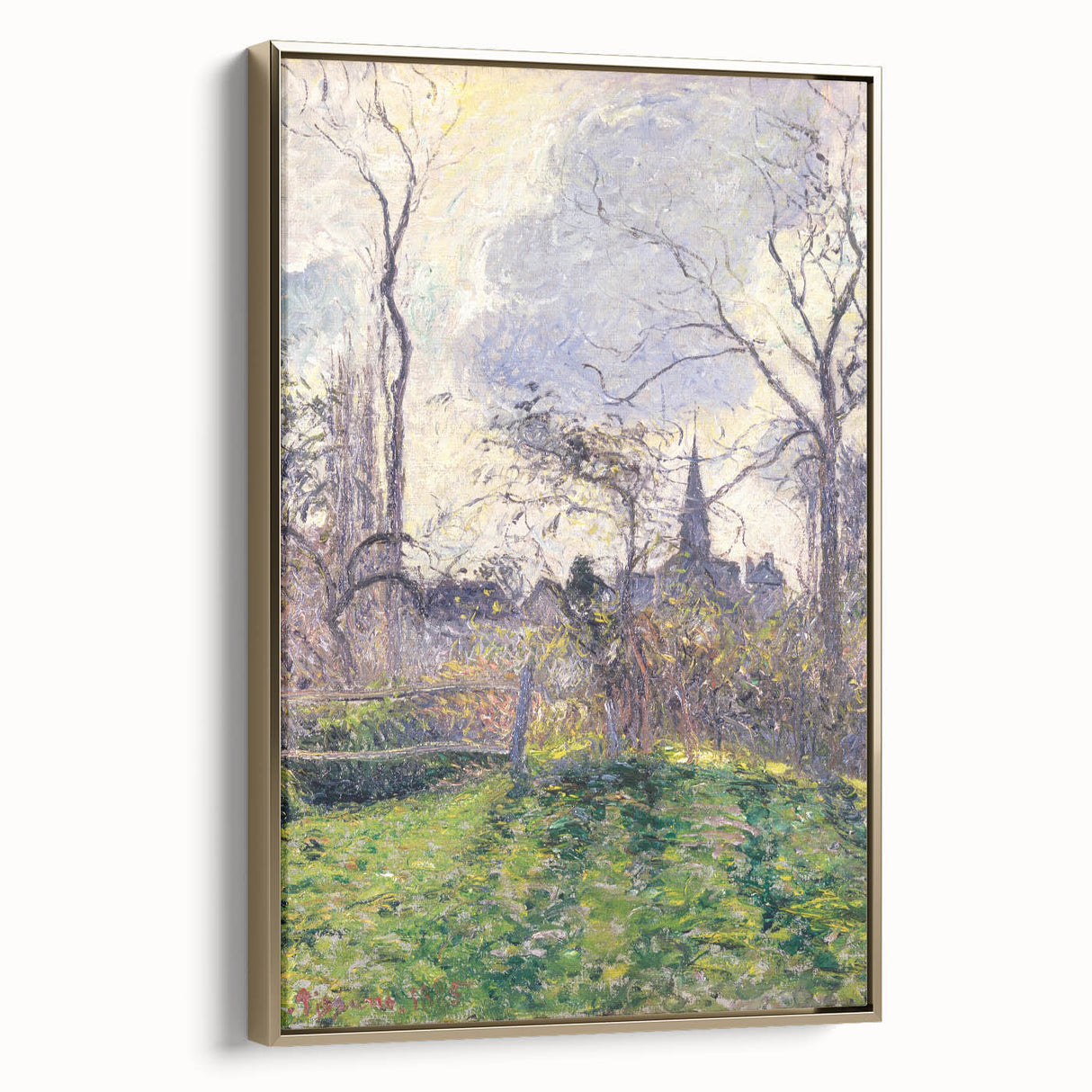 Framed canvas featuring a Camille Pissarro landscape painting in muted earth tones, ideal for bedroom wall art.