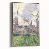 A framed canvas depicting a colorful landscape painting by Camille Pissarro in a vintage style.