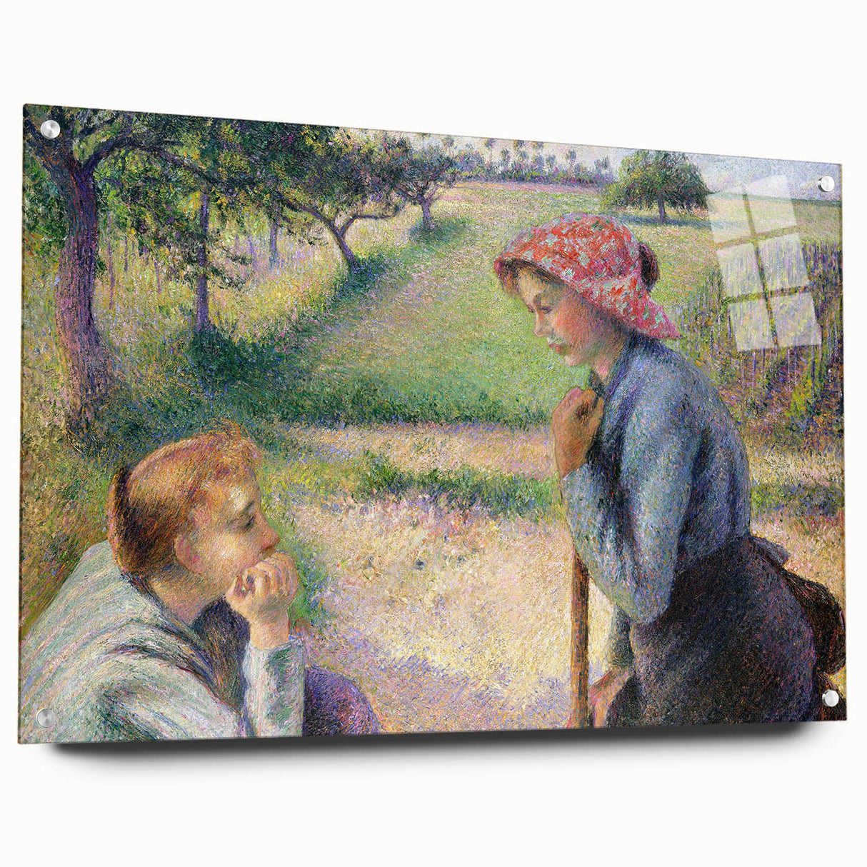 Side view of a Camille Pissarro-inspired acrylic glass piece with pastel hues, ideal for bedroom or dining room decor.