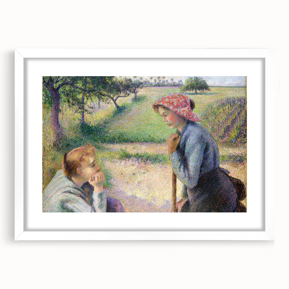 Abstract art print depicting a colorful, impressionistic landscape on white-framed canvas.