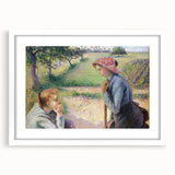 Abstract art print depicting a colorful, impressionistic landscape on white-framed canvas.