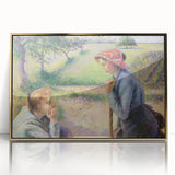 Large art print of a Camille Pissarro painting in a gold frame, featuring mid-century modernist style.