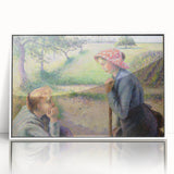 Acrylic print of Camille Pissarro's impressionist artwork in a white frame, featuring pastel rural landscape.
