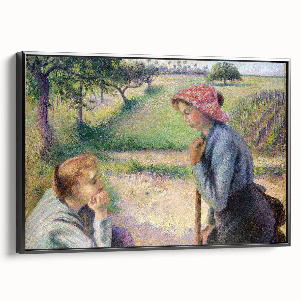 Black and white framed canvas of a vintage-style landscape painting, ideal for bedroom wall decor.