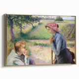 Framed canvas featuring a vintage-style landscape painting by Camille Pissarro in muted earth tones.