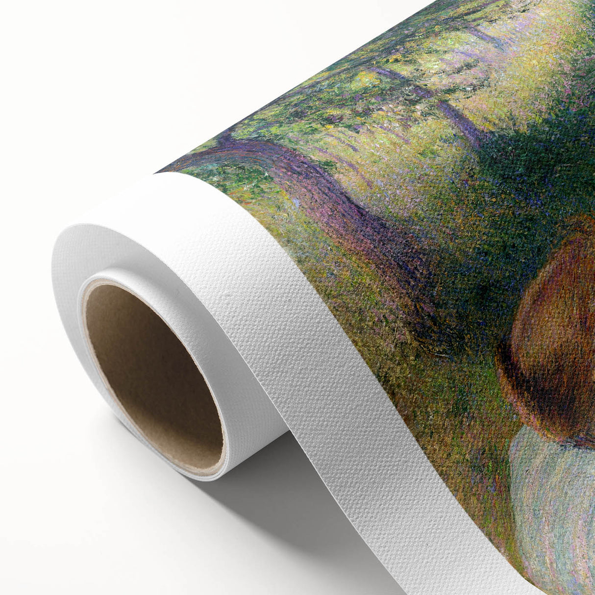 Art deco poster of a serene landscape with soft green and blue tones on rolled canvas, ideal for nursery wall art.
