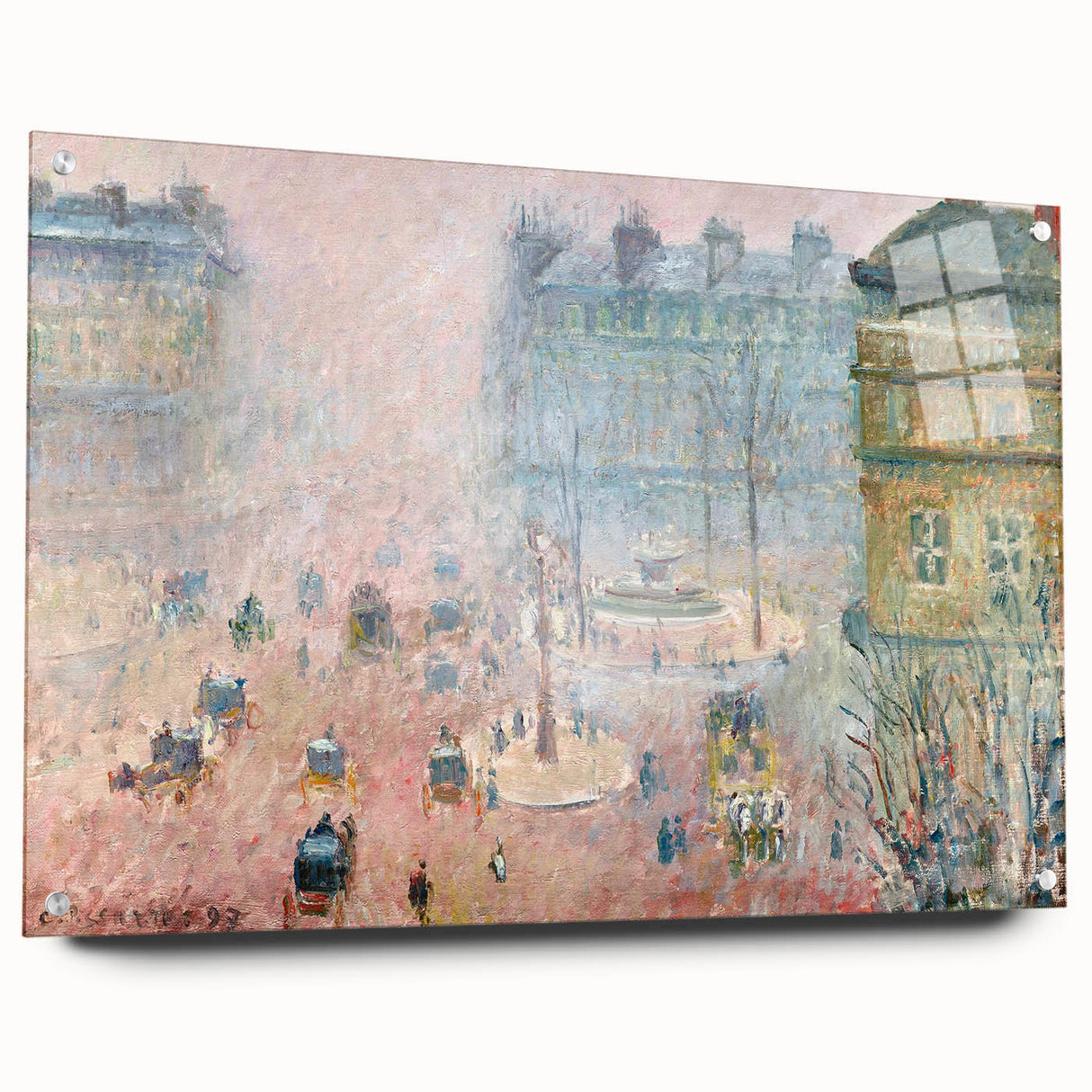 Acrylic print of a Camille Pissarro design featuring muted landscape tones, ideal for dining room decor.