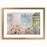 Textured abstract art print of a rural landscape in muted earth tones, framed in gold.