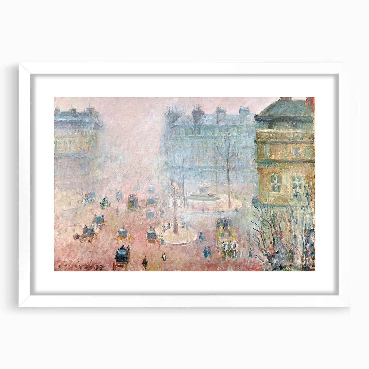 Abstract art print of a colorful cityscape, framed in white, ideal for dining room decor.