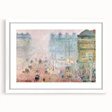 Abstract art print of a colorful cityscape, framed in white, ideal for dining room decor.