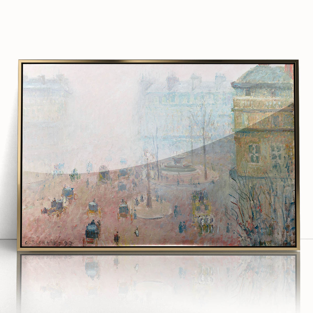 Large art print of Camille Pissarro's painting in a gold frame, featuring a rural landscape scene.