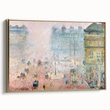 Framed canvas depicting a Camille Pissarro landscape painting, featuring muted earth tones and vintage style.