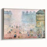 Framed canvas of a Camille Pissarro landscape painting, featuring colorful foliage and a silver frame.