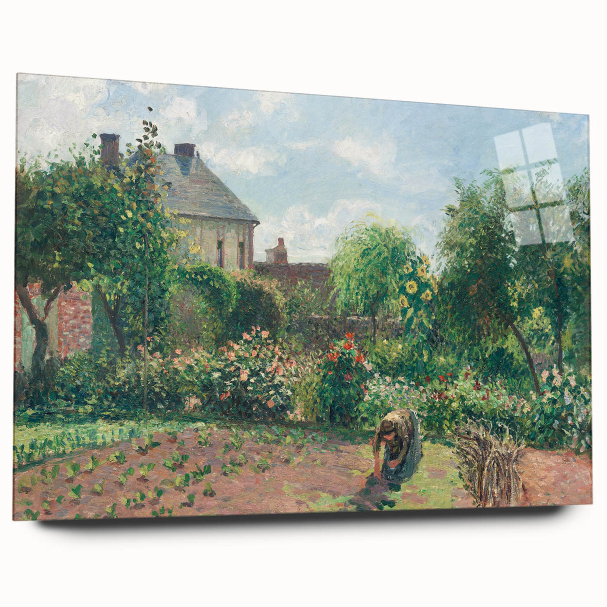Acrylic print of a Camille Pissarro-inspired landscape in earth tones, ideal for bedroom or dining room art.