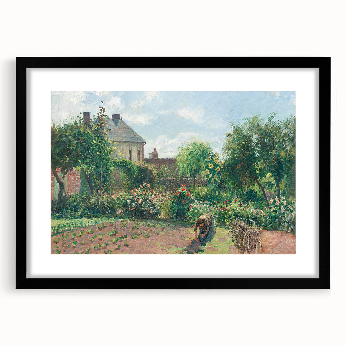 Extra large abstract art print featuring textured, colorful art by Camille Pissarro, framed in black.