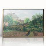 Mid-century modernist art print of a Camille Pissarro painting in a gold frame, featuring soft pastel colors.
