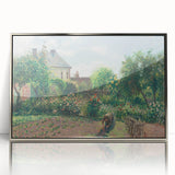 Mid-century modernist art by Camille Pissarro featuring a rural landscape in muted colors, silver-framed acrylic.