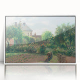 Art deco poster of a Camille Pissarro painting with muted earth tones, framed in white acrylic.