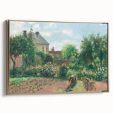 Framed canvas depicting a Camille Pissarro-inspired landscape in muted green and gold tones.