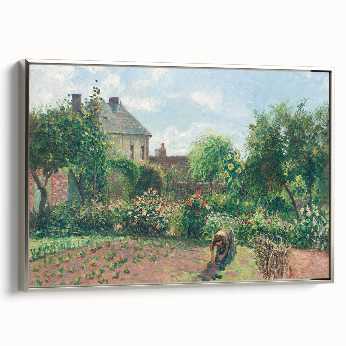 Landscape art painting of a rural scene with vibrant green and blue tones on a framed canvas, ideal for living room decor.