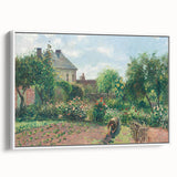 Vintage poster art featuring a Camille Pissarro design on framed canvas, with colorful art in muted tones.