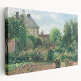 Side view of a stretched canvas featuring Camille Pissarro's impressionist artwork, with soft earth tones.