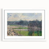 Abstract art print of a rural landscape in soft green and blue tones on a white framed canvas, ideal for dining room decor.