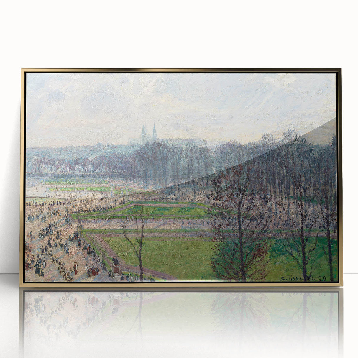Large art print of a Camille Pissarro landscape in a gold frame, featuring muted earth tones, ideal for nursery wall art.